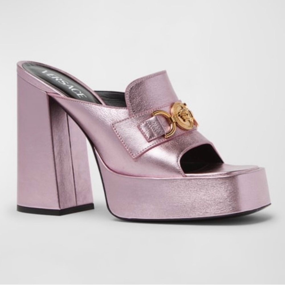 Versace
Metallic Medusa Chain Platform Mules